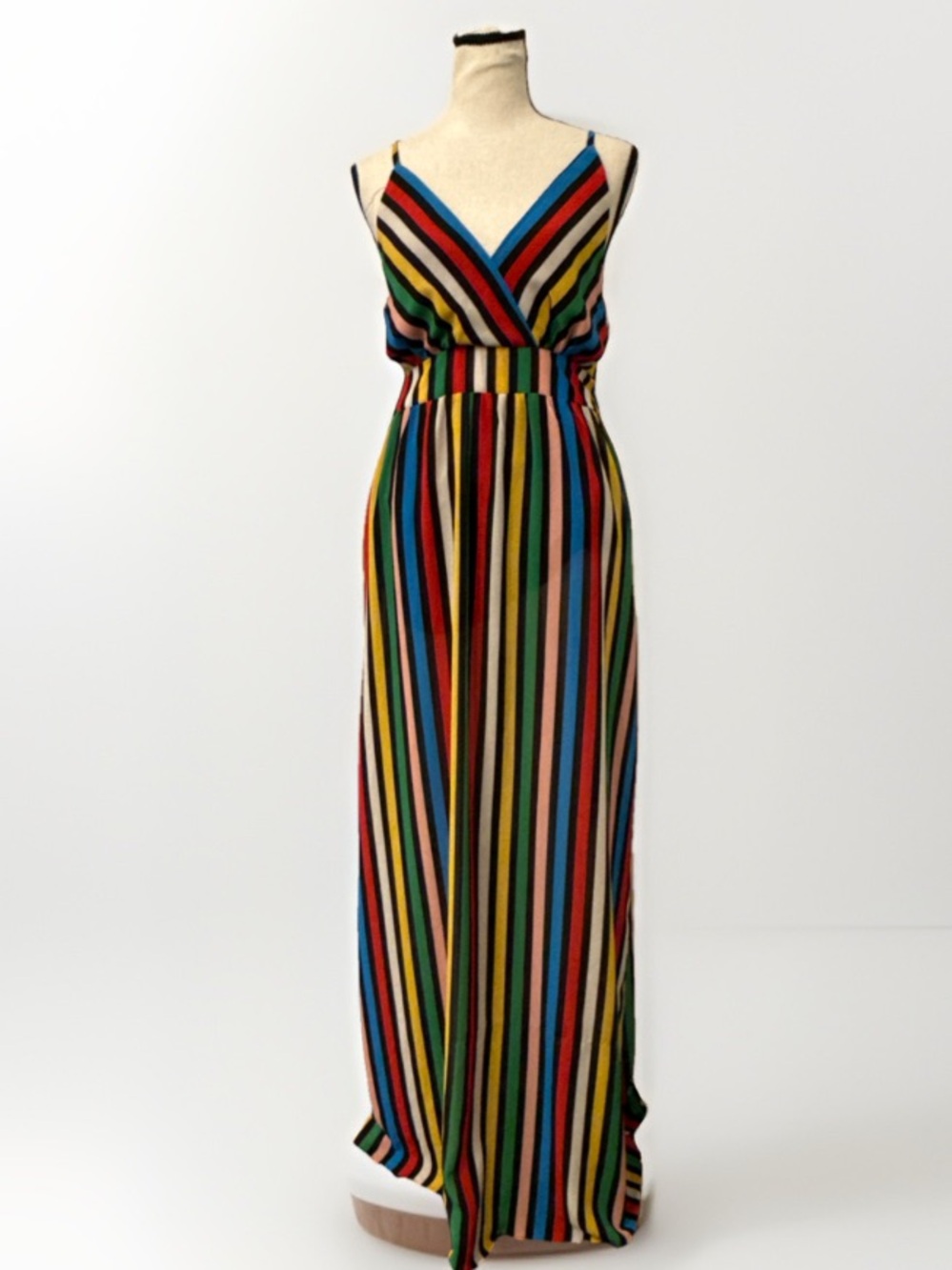 Vintage Inspired M Maxi Dress Multicolor Stripe Boho V Neck Spaghetti Strap